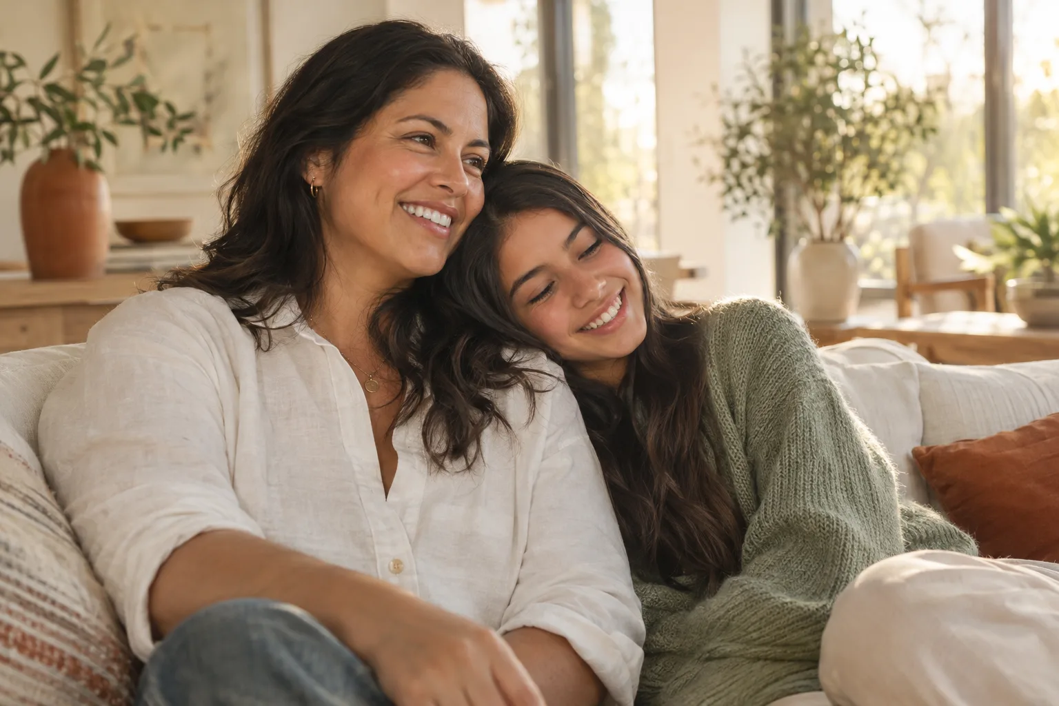a mother and her teenage daughter sharing a laugh on the sofa
