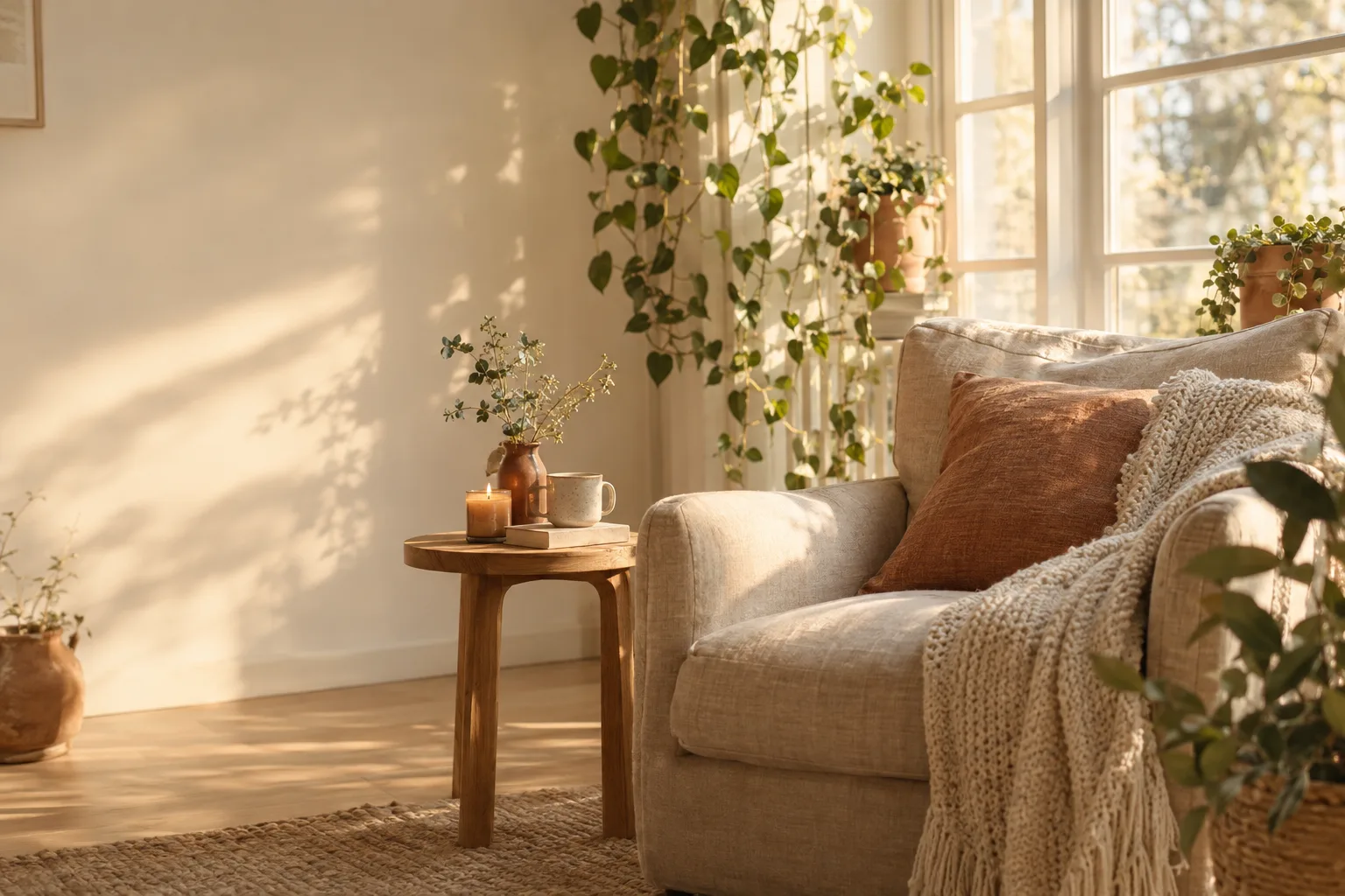 a quiet reading corner with an armchair, a candle and plants