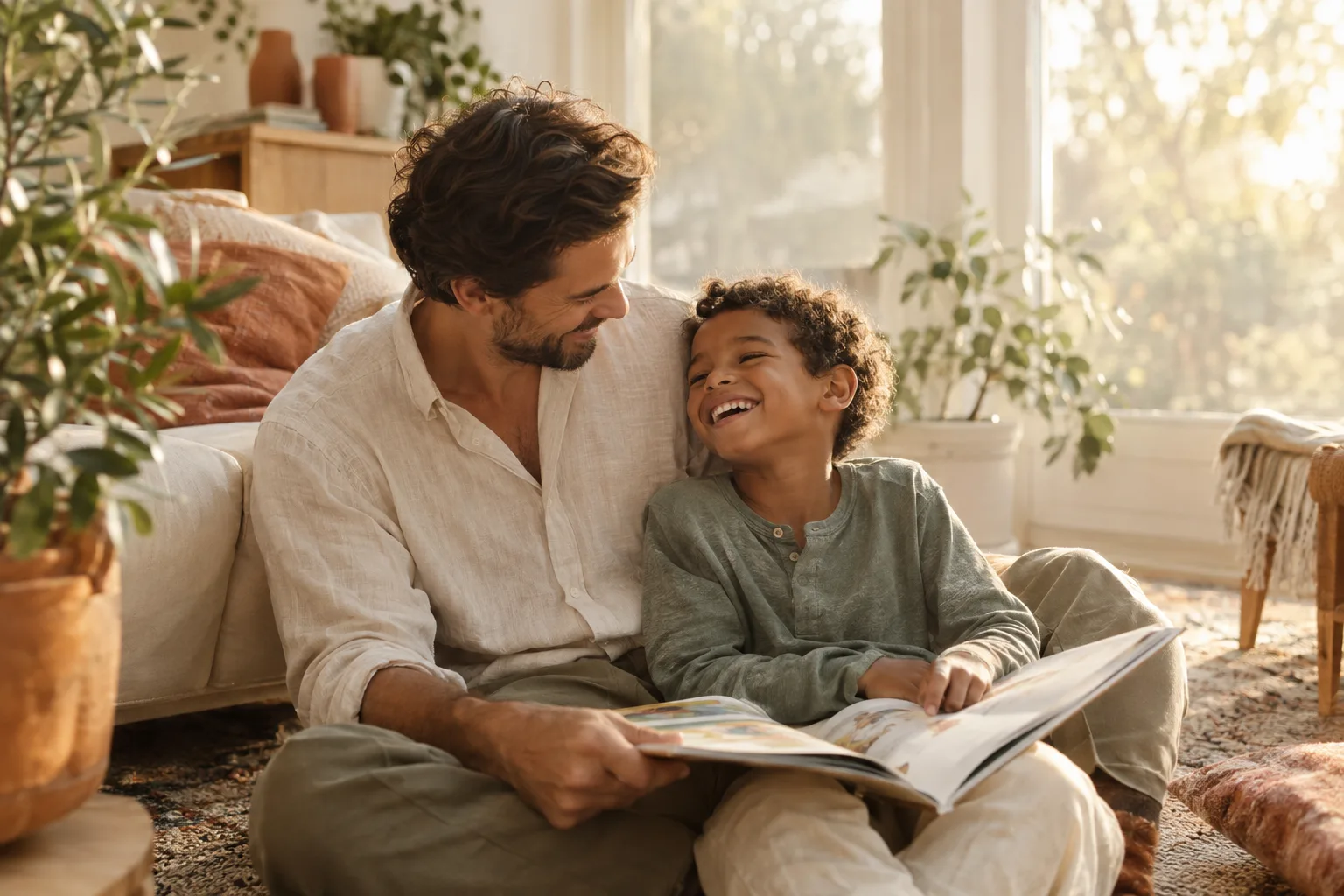 a father and his young son reading a picture book together