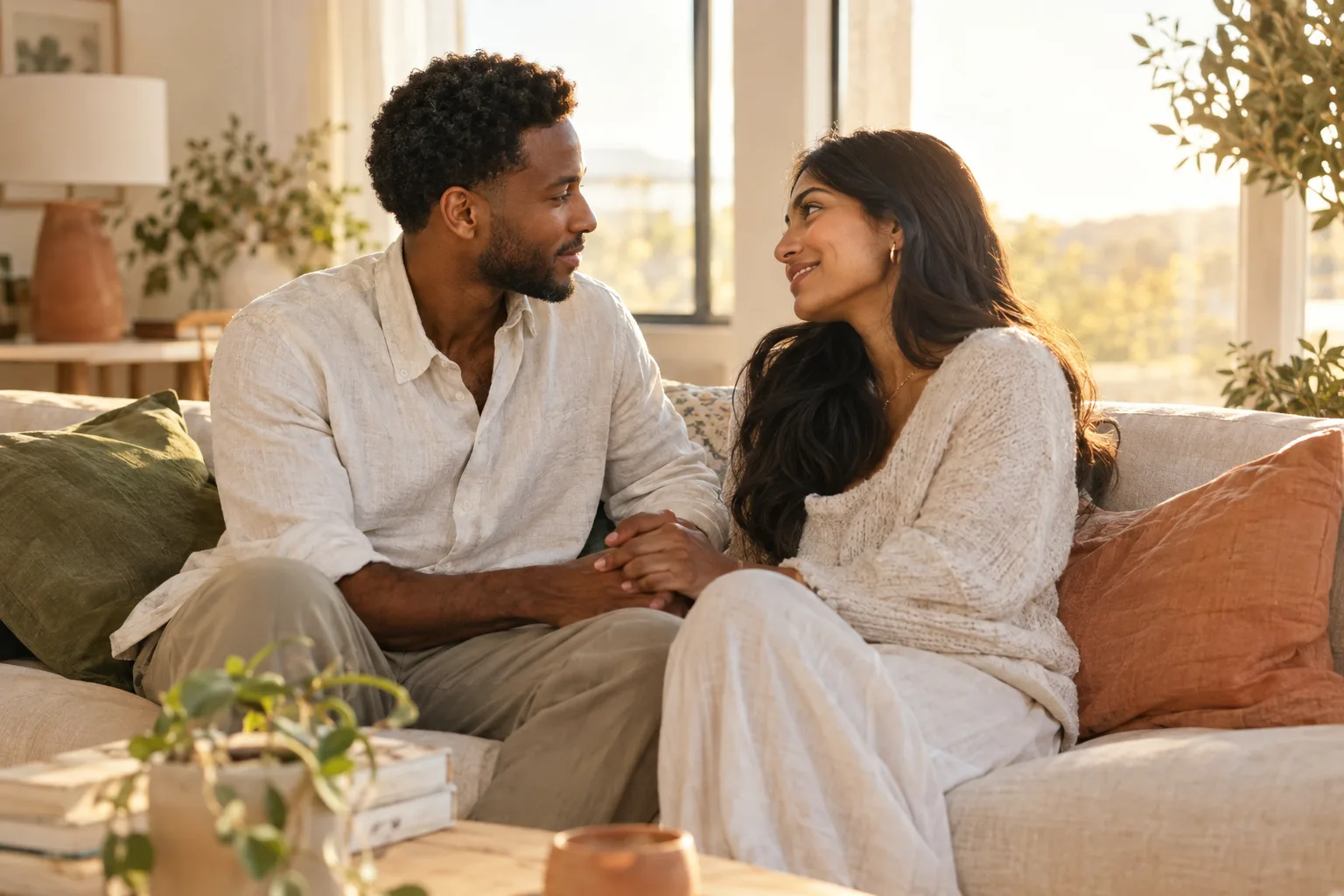 a couple holding hands and smiling at each other on a sofa