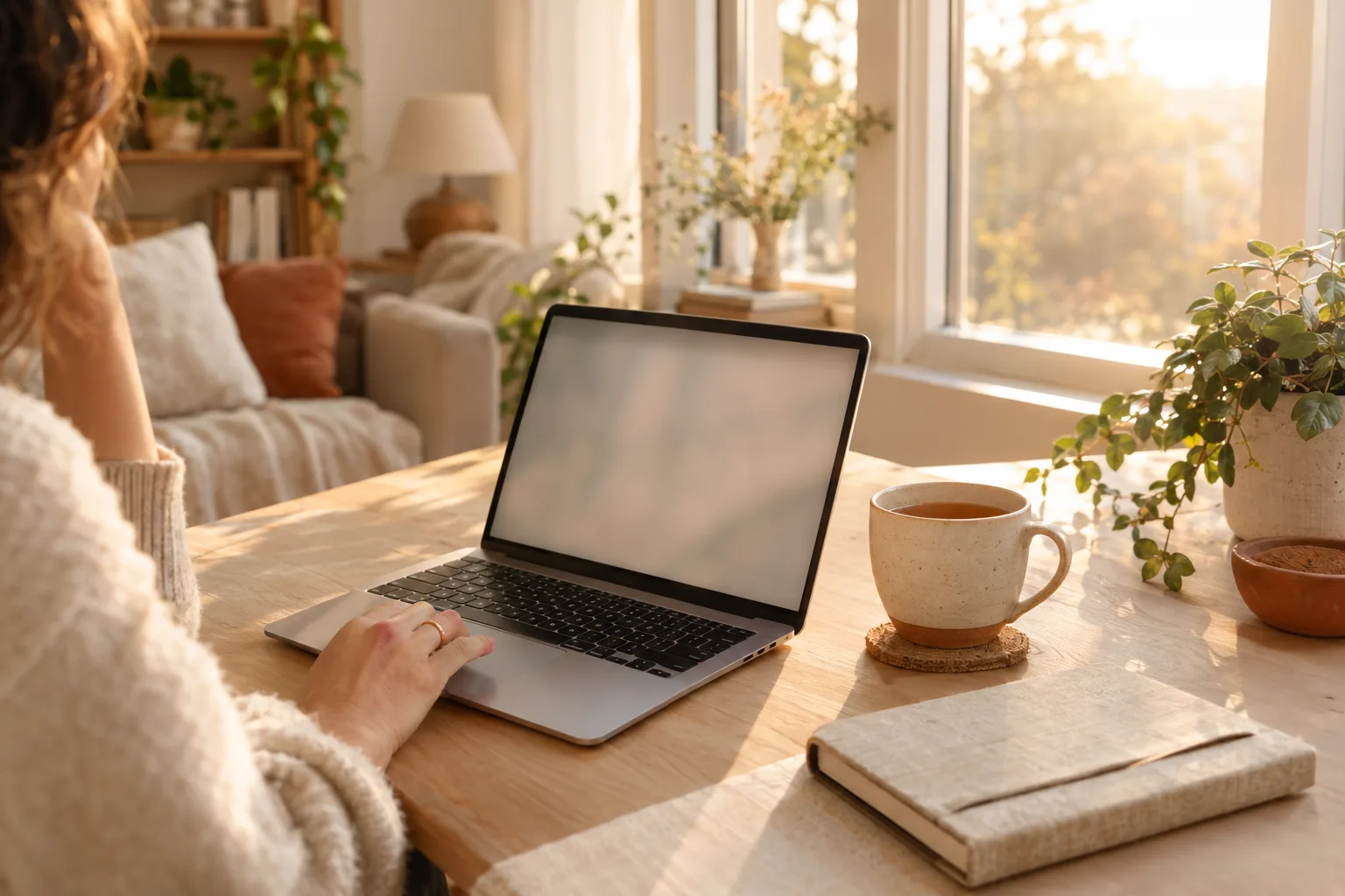 a laptop and a cup of tea on a sunny desk, ready for a video call