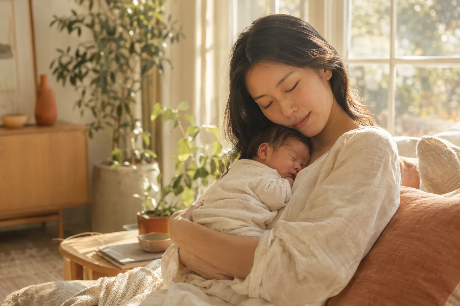 a new mother holding her sleeping newborn by a sunlit window