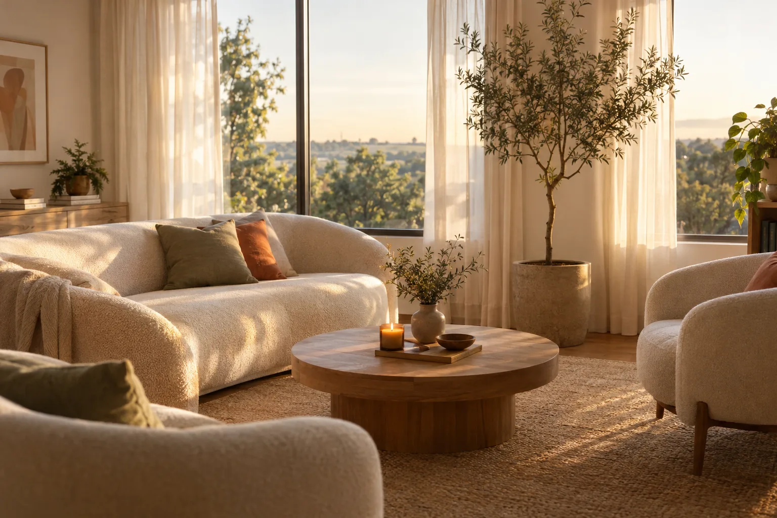 a calm, sunlit therapy office with a cream sofa and plants