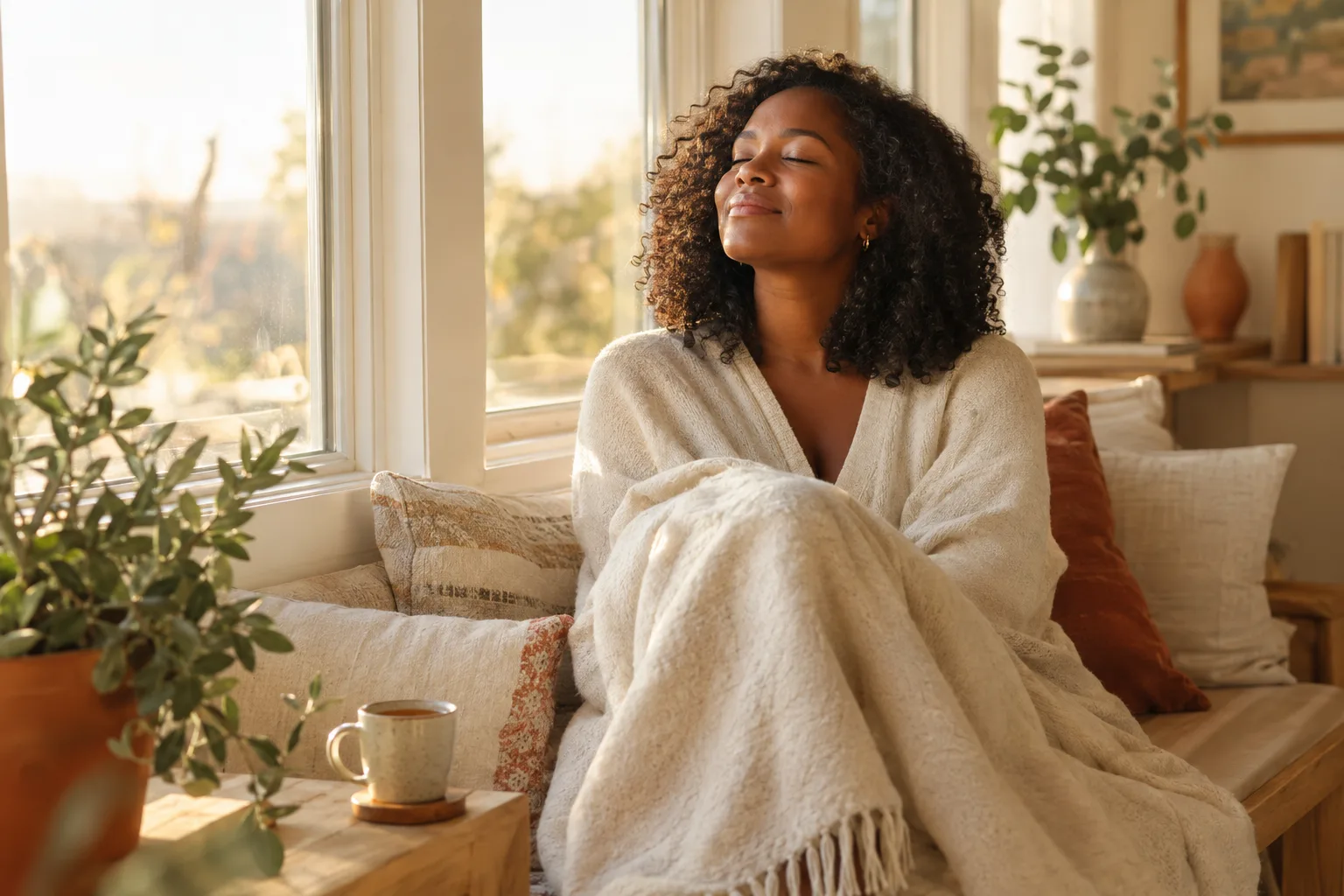 a woman wrapped in a blanket by the window, taking a slow deep breath